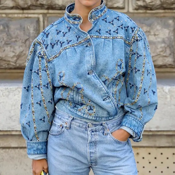 SANDRO - Denim Embellished Jacket - Picture 12 of 14